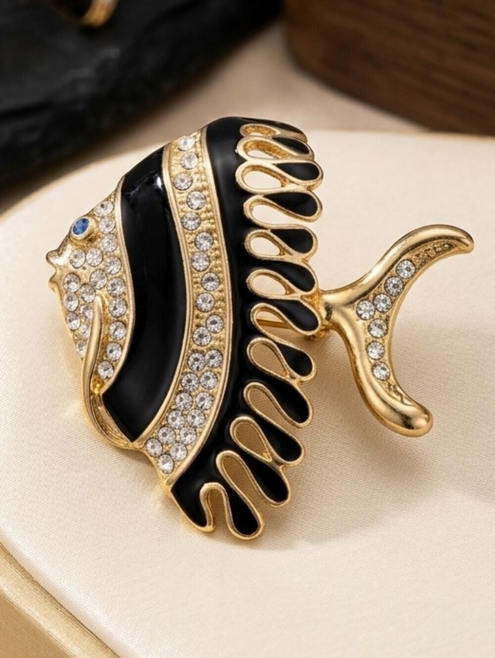 Vintage Gold Tone Black Enamel Angel Fish Brooch with Crystal Accents - Picture 2 of 16